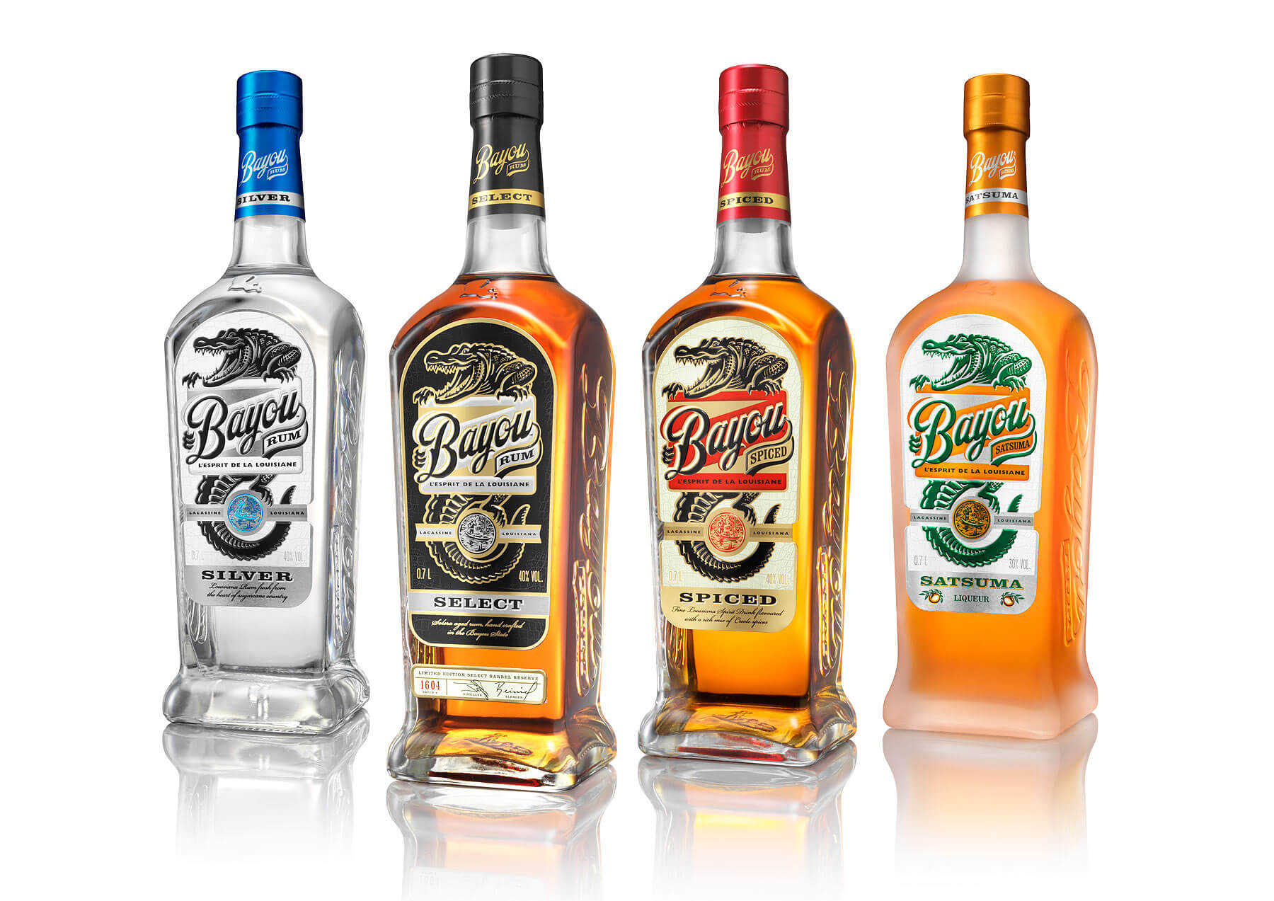 Group image of Bayou Rum bottles by London drinks photographer Warren Ryley