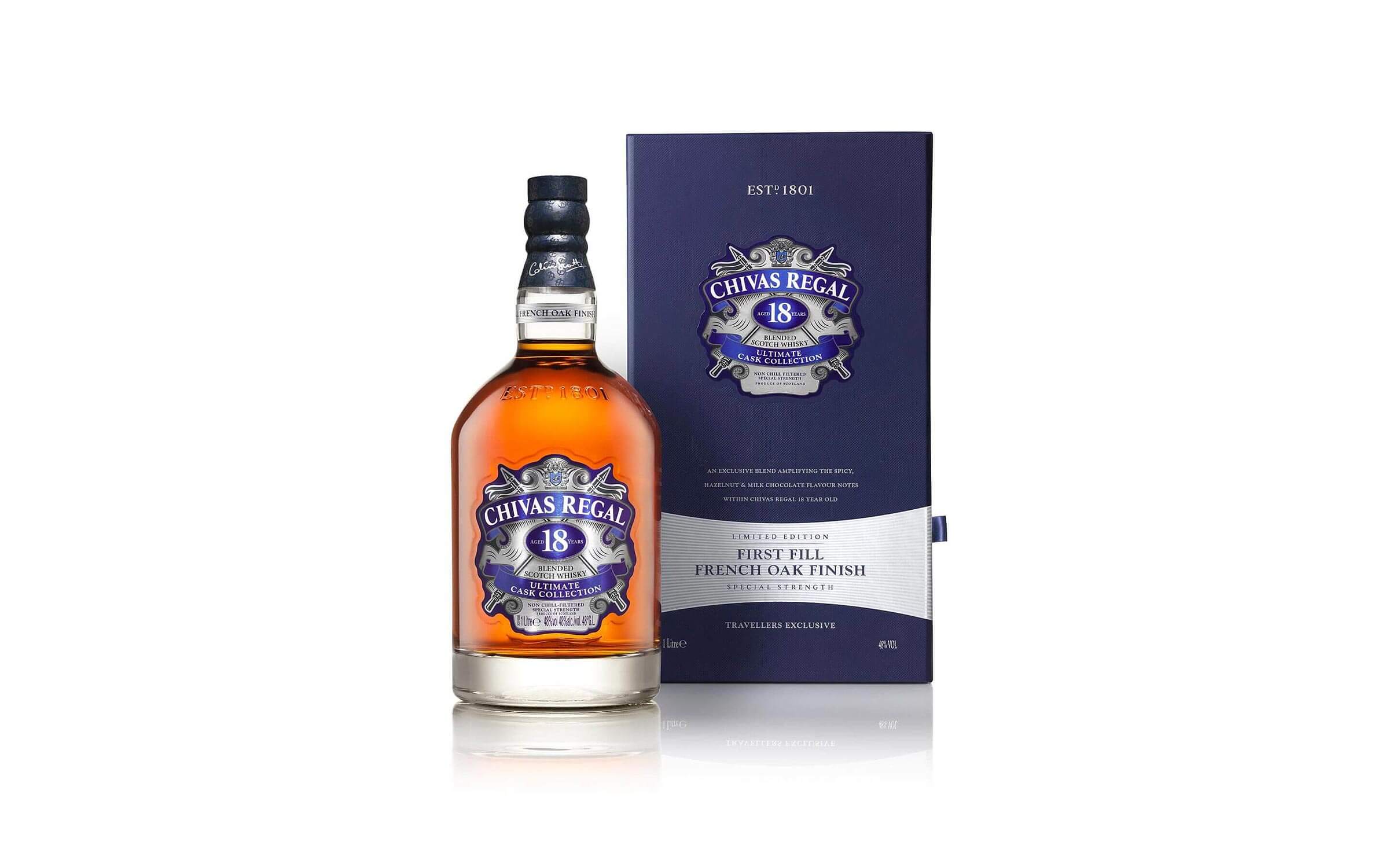 Chivas Regal 18 whisky bottle and case cut out product drinks photography