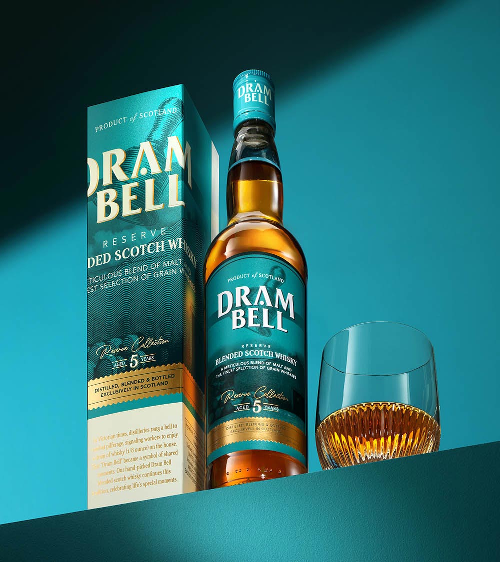 Studio product photography of Dram Bell Whisky