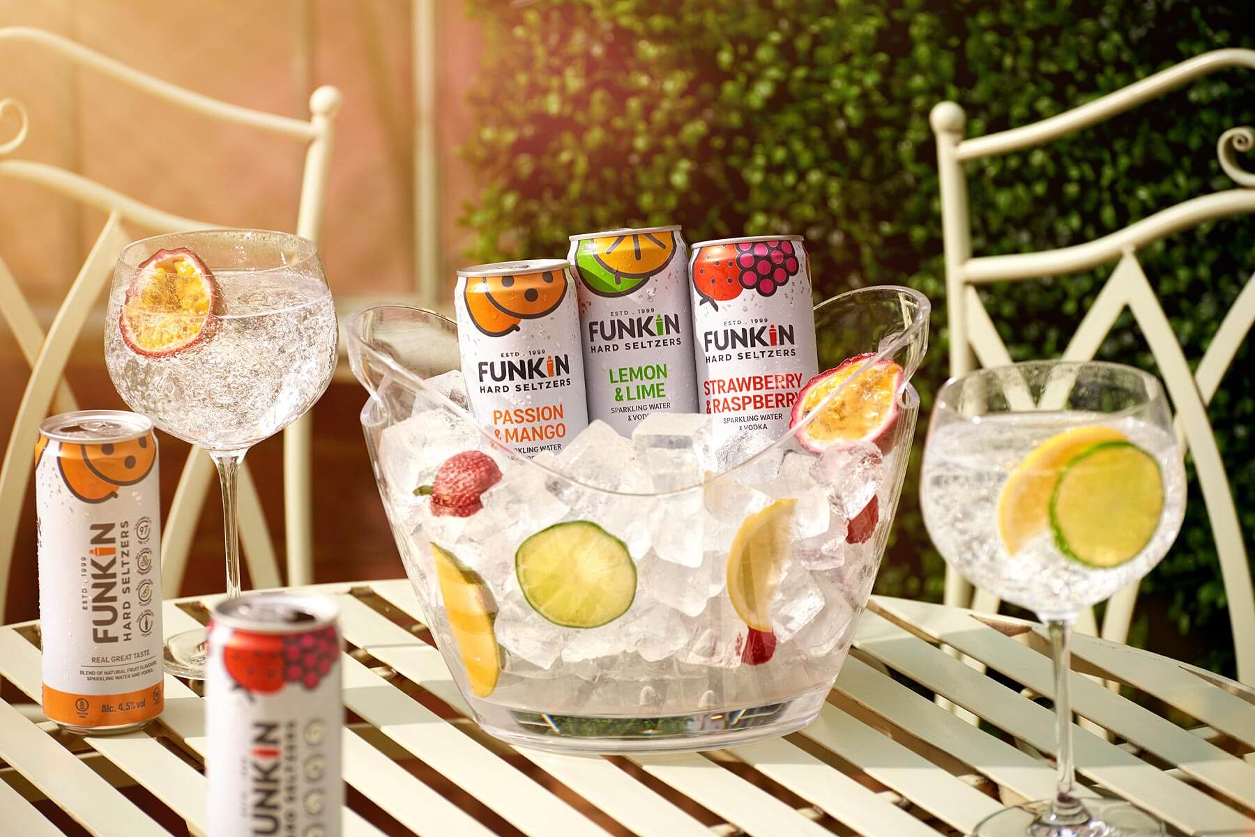 Funkin Cocktails cans in lifestyle setting shot on location by London based drinks photographer Warren Ryley