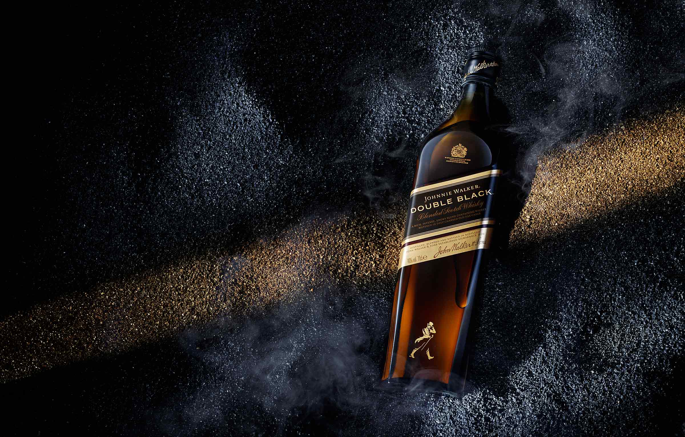 Johnnie Walker Double Black whisky bottle advertising photography by London drinks photographer Warren Ryley